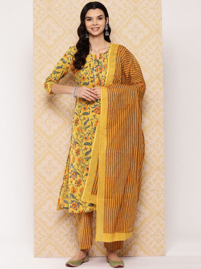 Dhiyona KL Women Floral Printed Regular Pure Cotton Kurta with Trousers & Dupatta