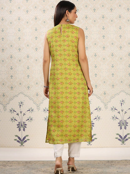 Dhiyona OD  Green Floral Printed Keyhole Neck Straight Kurta