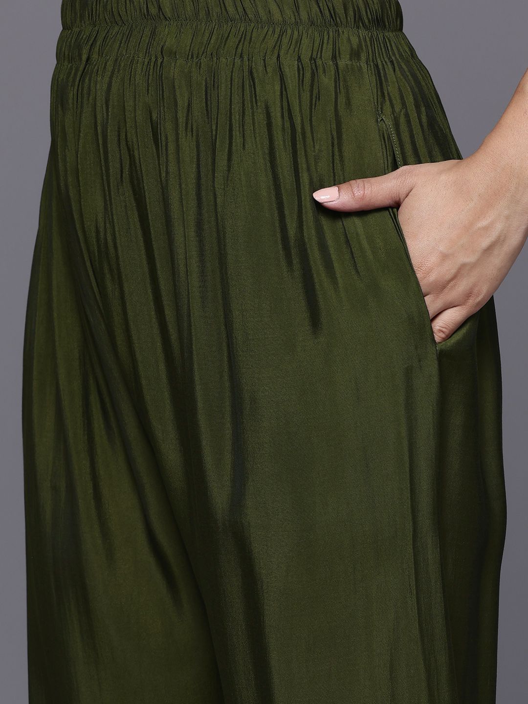 Olive Thread & Zari Embroidered Kurta with Trouser & Ethnic Printed Dupatta