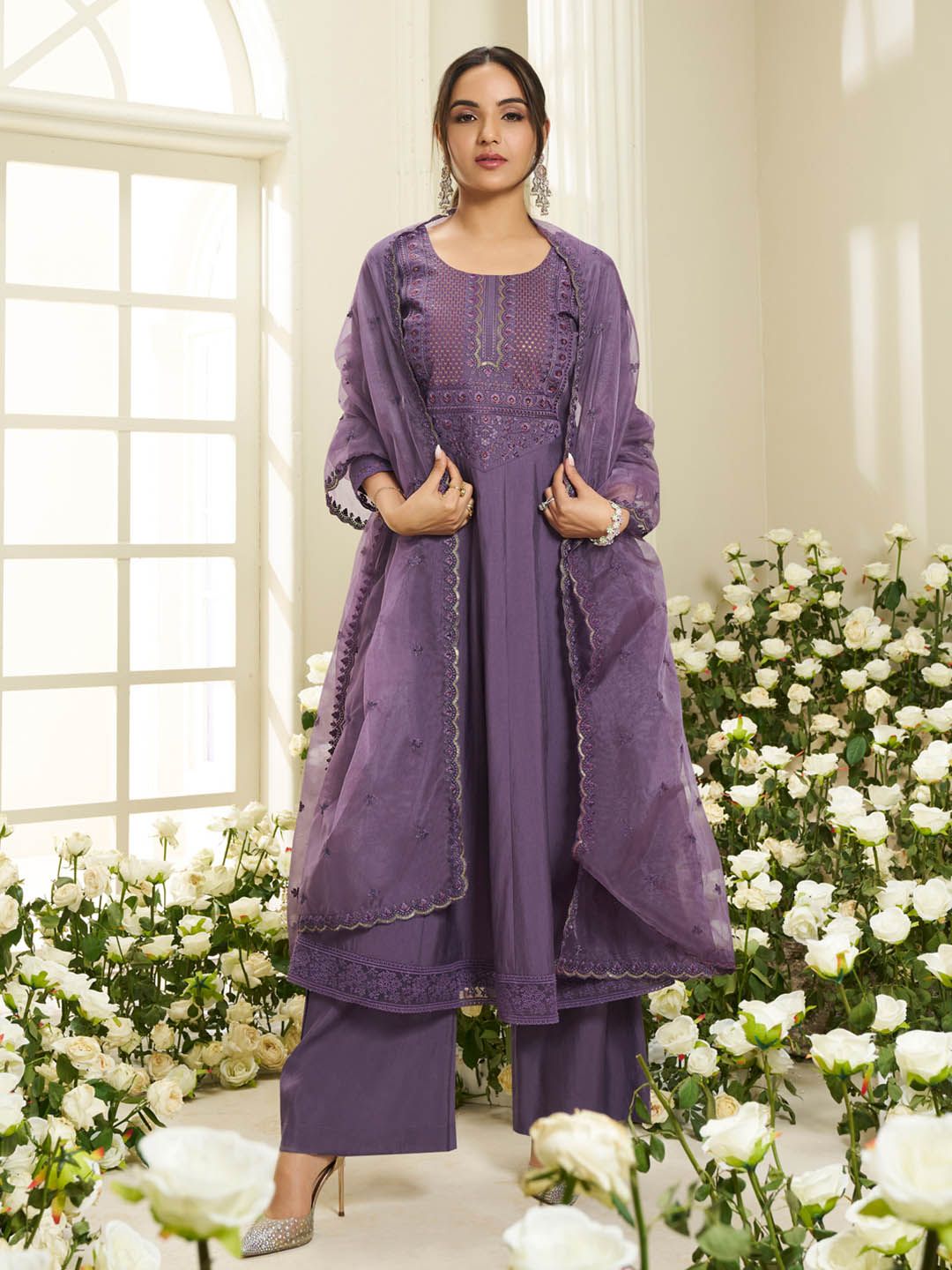 Dhiyona IN Floral Yoke Design Round Neck Sequinned Anarkali Kurta With Palazzos & Dupatta