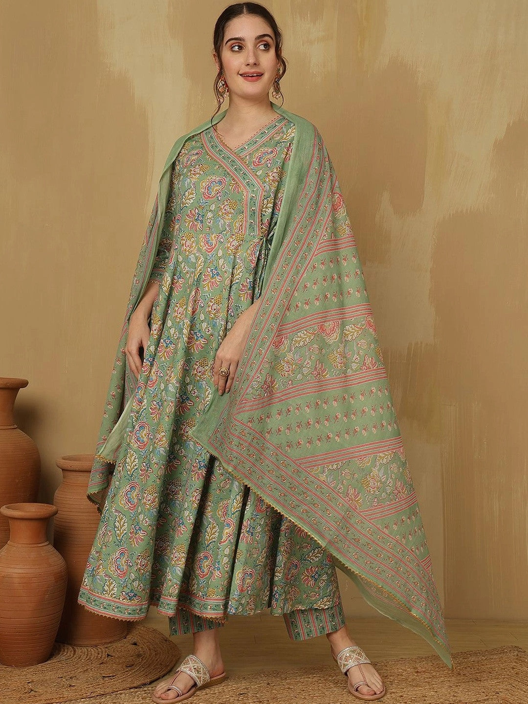 Dhiyona SN Women Floral Printed Angrakha Pure Cotton Kurta with Trousers & With Dupatta