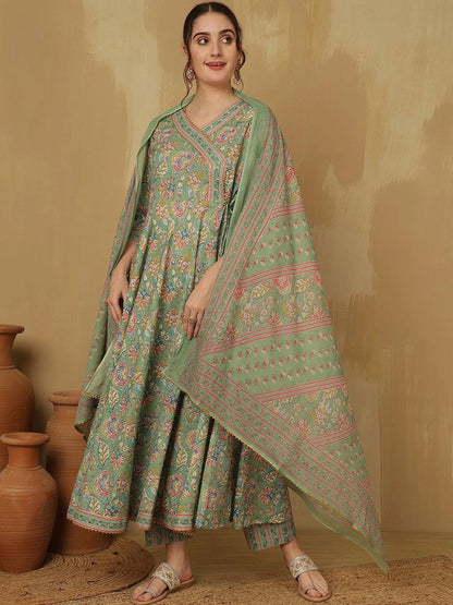 Women Floral Printed Angrakha Pure Cotton Kurta with Trousers & With Dupatta