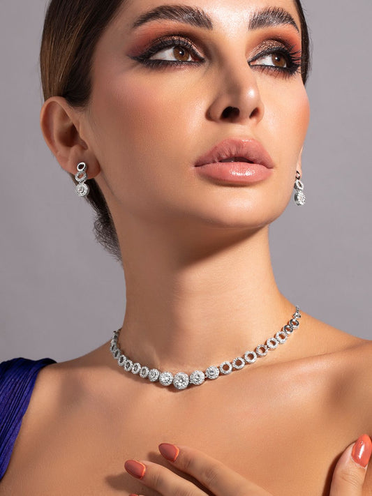 Dhiyona RJ Women's Rodium-Plated Cubic Zirconia-Studded Minimal Statement Jewellery Set