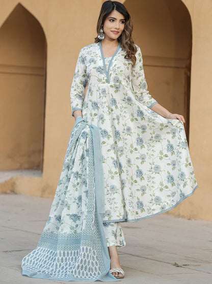 Dhiyona KL Women Floral Printed Regular Thread Work Pure Cotton Kurta with Trousers & With Dupatta
