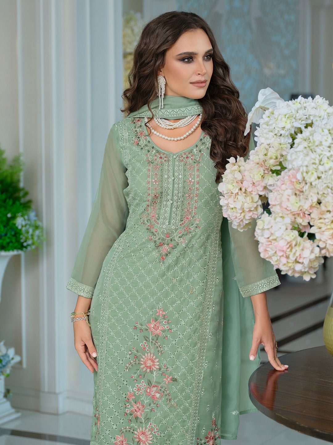 Dhiyona IE Adults-Women Woven Design Embroidered Kurta with Trousers & Dupatta
