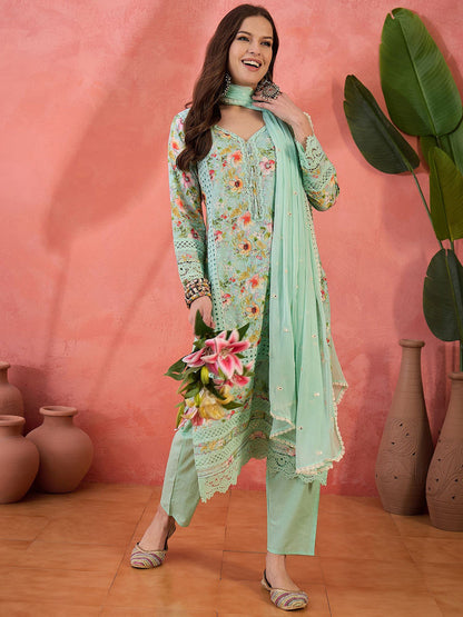 Floral Embroidered V-Neck Sequinned Cotton Straight Kurta With Trouser & Dupatta