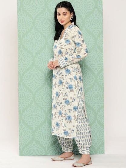 Dhiyona KL Floral Printed Regular Kantha Work Pure Cotton Kurta with Patiala & Dupatta