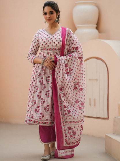 Dhiyona RR Women's Floral Printed Sequinned Pure Cotton A-Line Kurta With Trousers & Dupatta