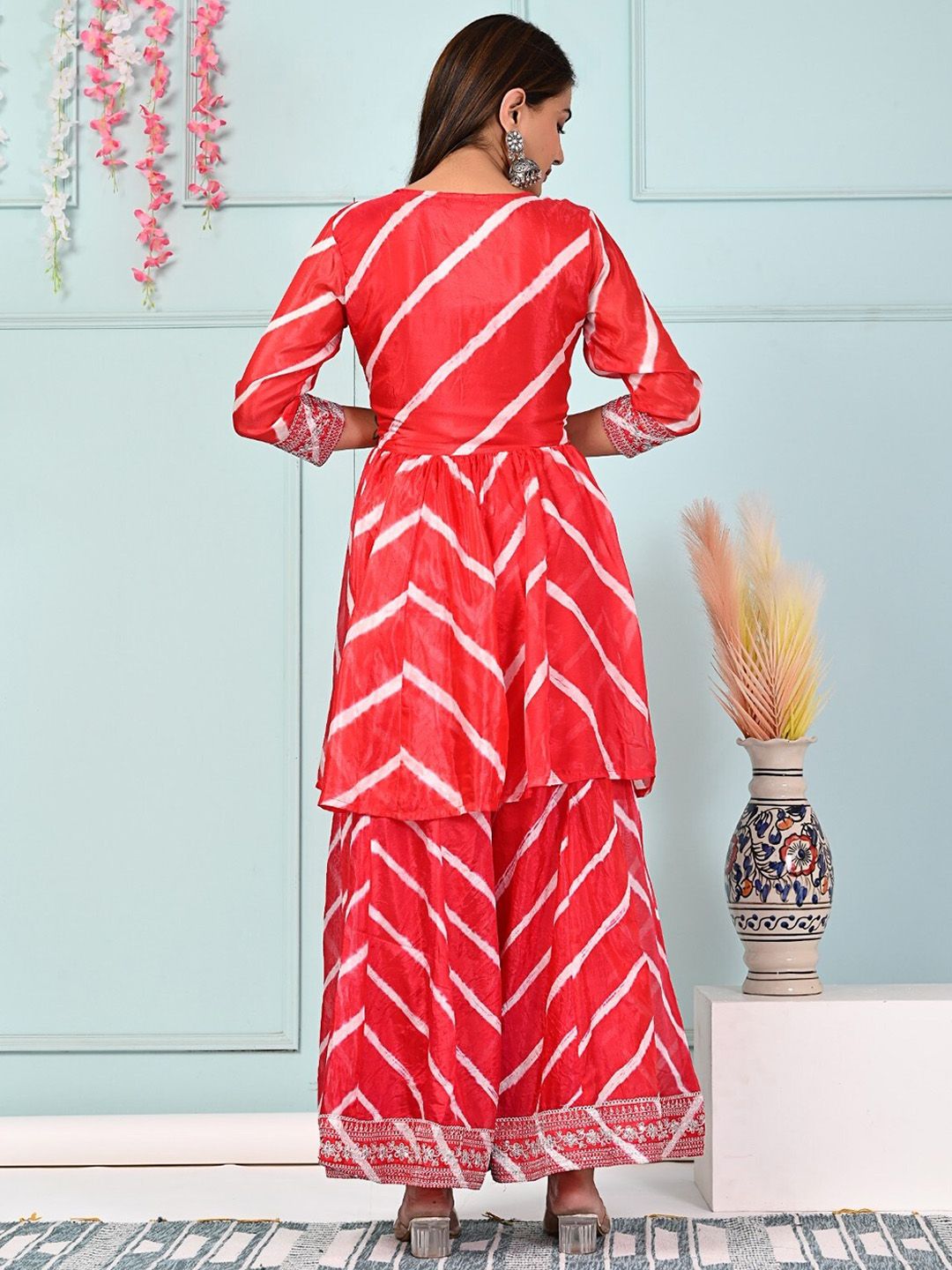 Dhiyona SN Red & White Leheriya Printed Thread Work Silk Kurta With Sharara & Dupatta