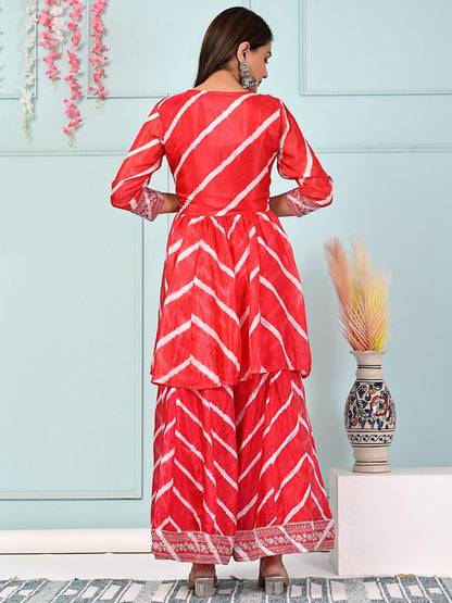 Dhiyona SN Red & White Leheriya Printed Thread Work Silk Kurta With Sharara & Dupatta