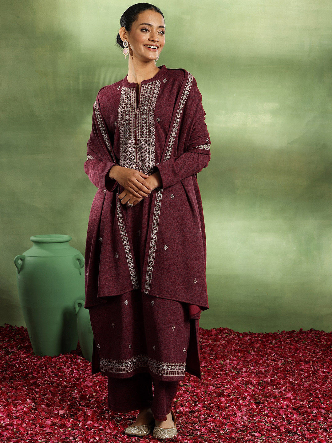 Floral Embroidered Thread Work Kurta with Trouser & Dupatta