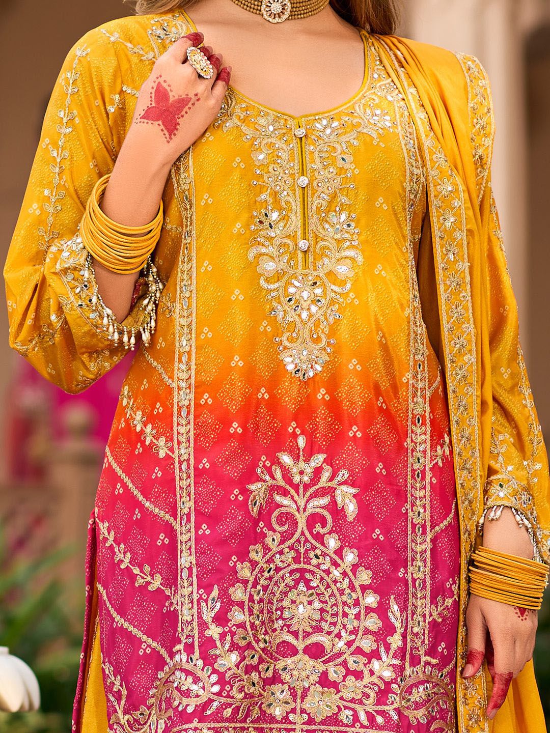 Dhiyona IE Floral Embroidered Zari Straight Kurta With Palazzos And Dupatta