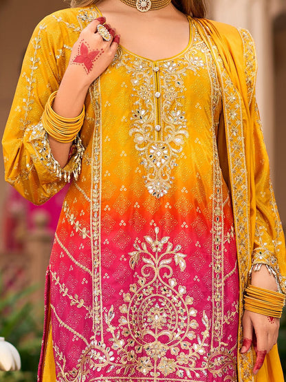 Dhiyona IE Floral Embroidered Zari Straight Kurta With Palazzos And Dupatta