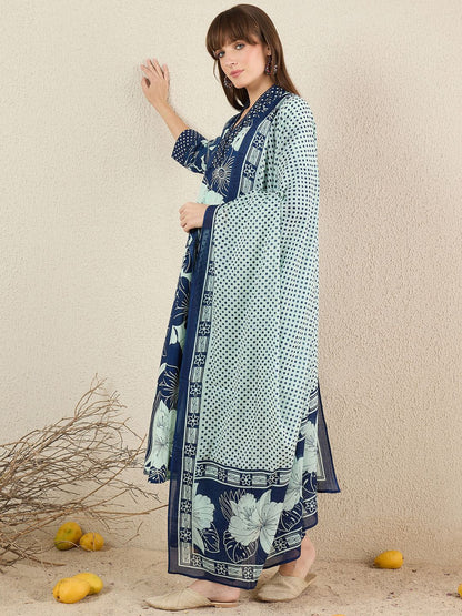 Dhiyona IE Women Floral Printed Cotton Kurta with Trousers & Dupatta