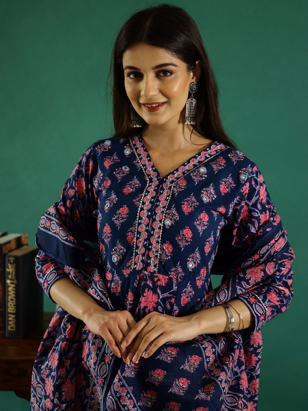 Floral Printed V-Neck Gotta Patti Pure Cotton A-Line Kurta With Trouser & Dupatta
