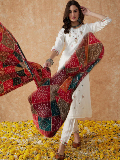 Dhiyona SN Women's White Ethnic Motifs Embroidered Thread Work Straight Kurta & Trouser With Dupatta