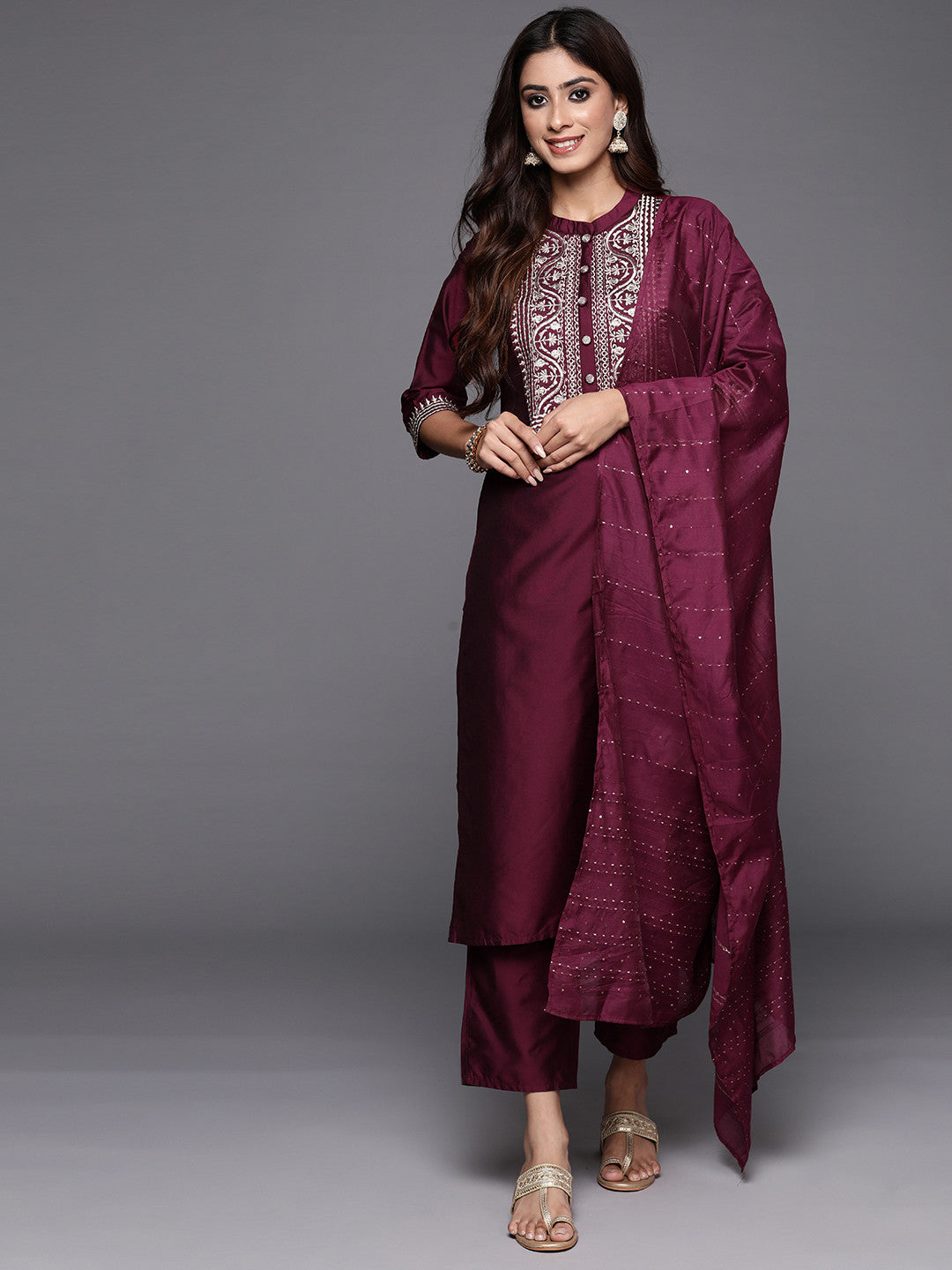 Women Ethnic Motifs Embroidered Regular Sequinned Kurta with Trousers & With Dupatta