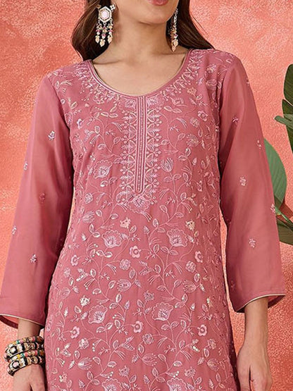 Dhiyona SN Floral Embroidered Round Neck Straight Kurta With Sharara And Dupatta