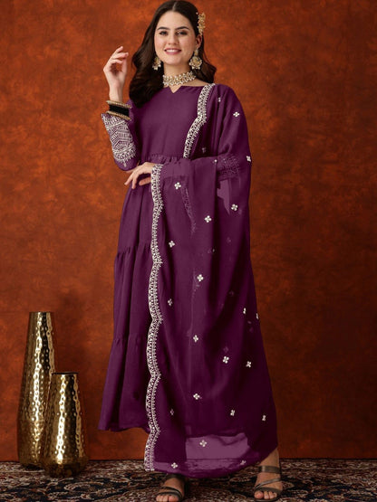 Floral Embroidered Anarkali Kurta Trousers With Dupatta