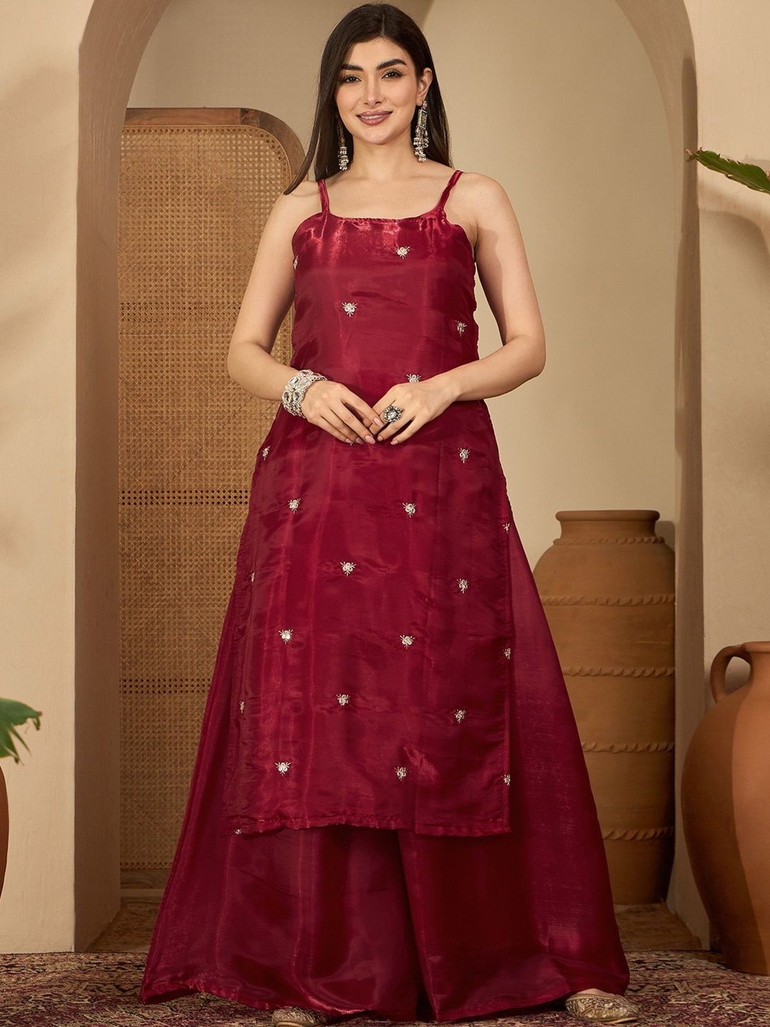Dhiyona SN Ethnic Motifs Embroidered Round Neck Thread Work Kurta With Palazzos & Dupatta