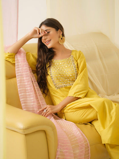 Dhiyona IS Women's Ethnic Motifs Yoke Design Mirror Work Chanderi Cotton Kurta with Trousers & Dupatta