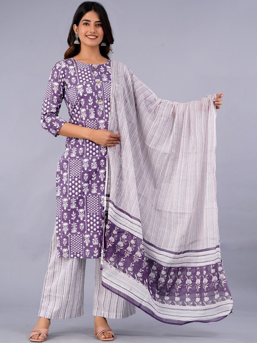 Dhiyona KL Ethnic Motifs Printed Pure Cotton Kurta With Palazzo & With Dupatta