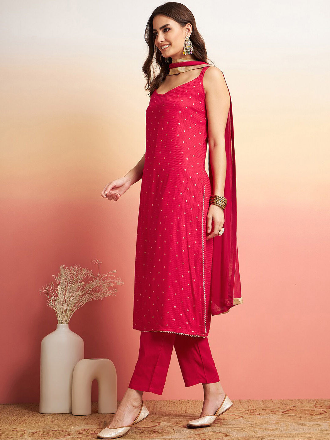 Embroidered Shoulder Straps Straight Kurta With Trousers & Dupatta