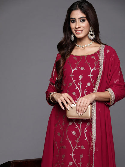 Dhiyona IE Women Floral Embroidered Regular Sequined Kurta with Sharara & Dupatta