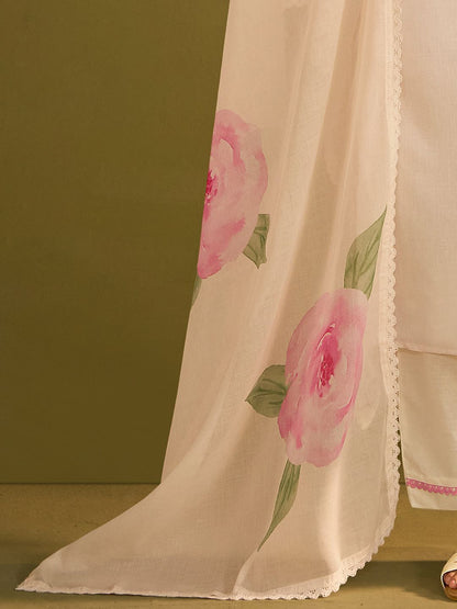Women Floral Printed Regular Sequinned Linen Kurta with Trousers & With Dupatta