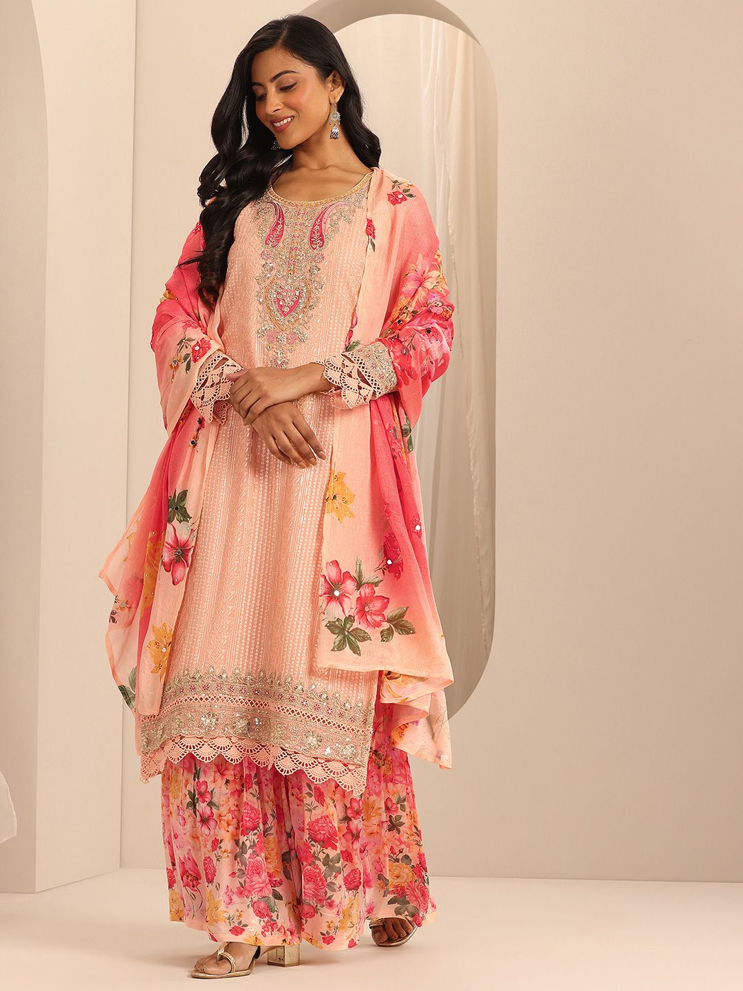 Dhiyona LL Womens Peach Embroidered Georgette Straight Kurta With Sharara & Dupatta