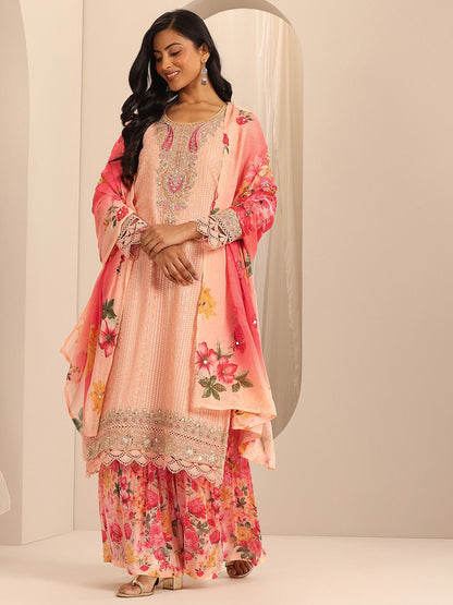 Dhiyona LL Womens Peach Embroidered Georgette Straight Kurta With Sharara & Dupatta
