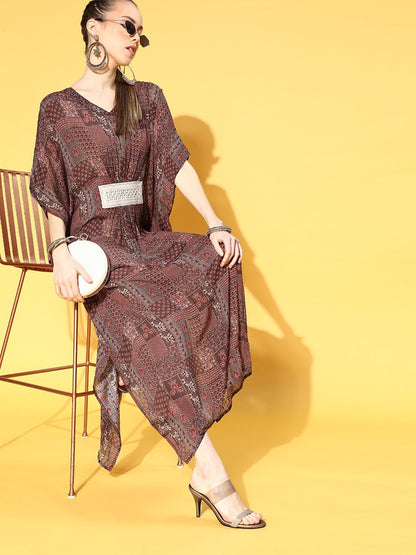 Dhiyona AY Women's Charming Maroon Checked Kaftan Dress