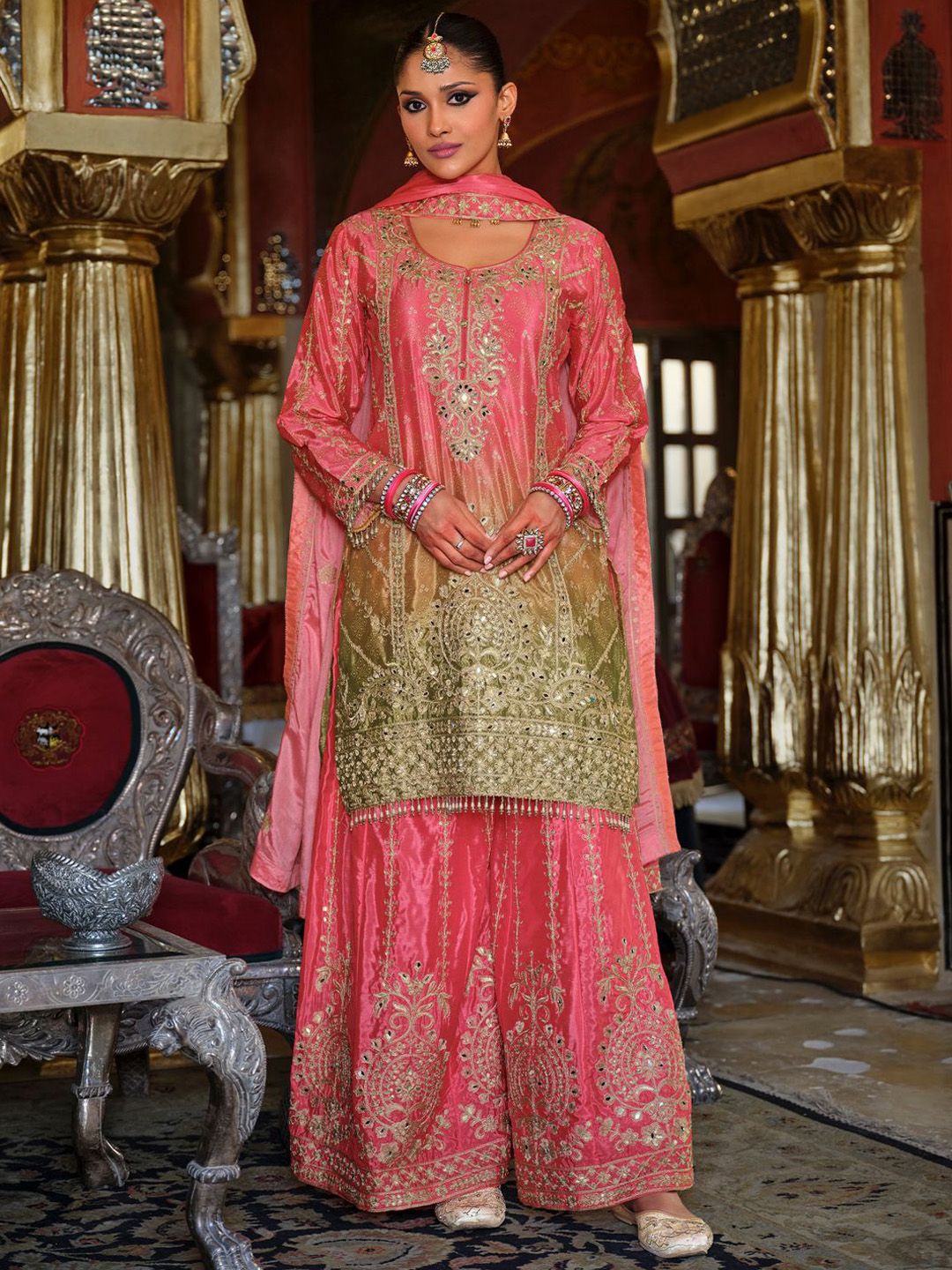 Women Ethnic Motifs Embroidered Regular Mirror Work Kurta with Palazzos & Dupatta