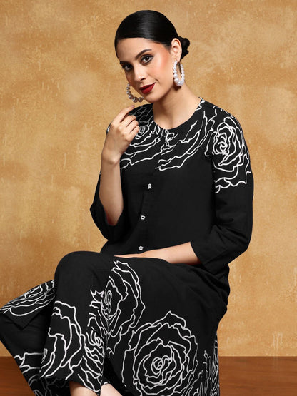 Dhiyona VA Women'sFloral Printed Mandarin Collar A-Line Pure Cotton Kurta With Trousers