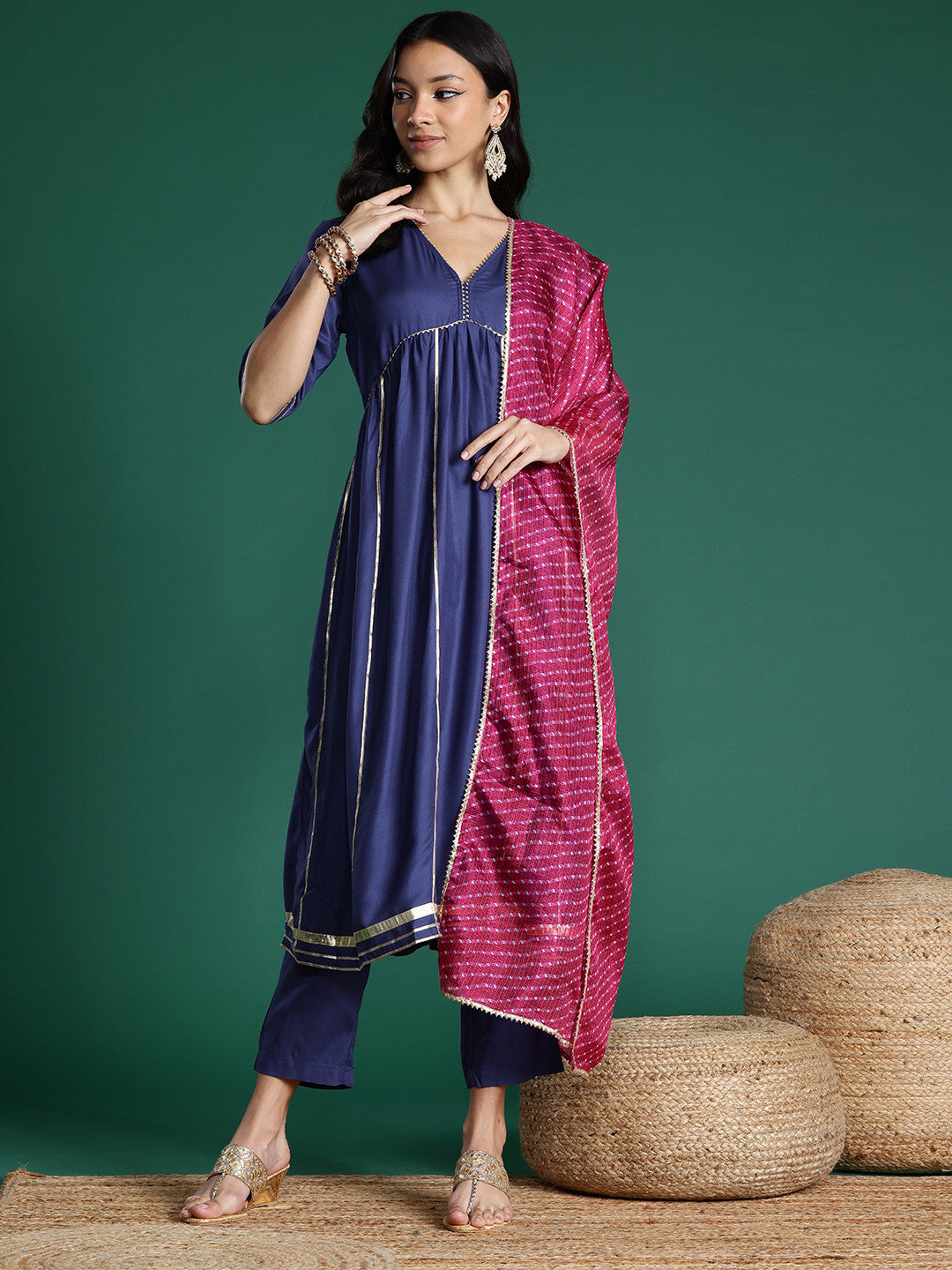 Gotta Patti Detail Empire Kurta Set With Striped Dupatta
