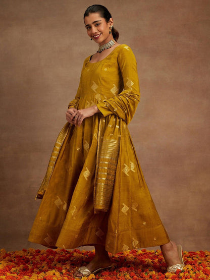 Dhiyona LL Womens Mustard Woven Design Anarkali Kurta With Palazzos & Dupatta