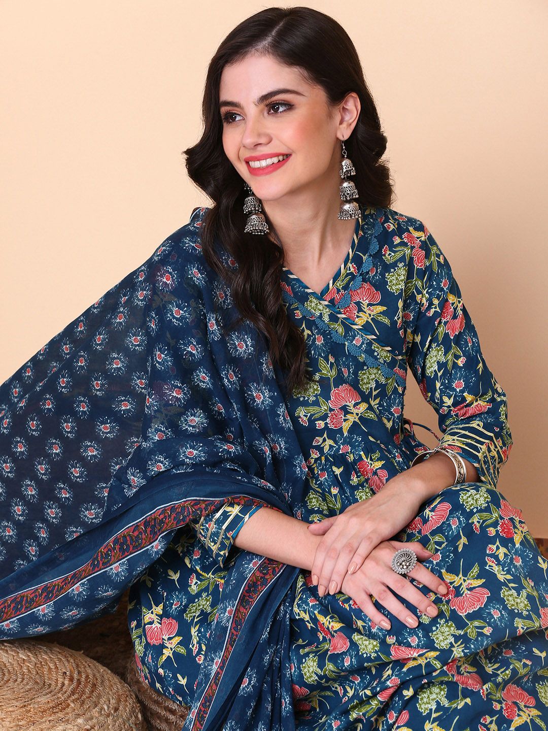 Dhiyona IS Women's Floral Printed V-Neck Three-Quarter Sleeves Pure Cotton Kurta Set