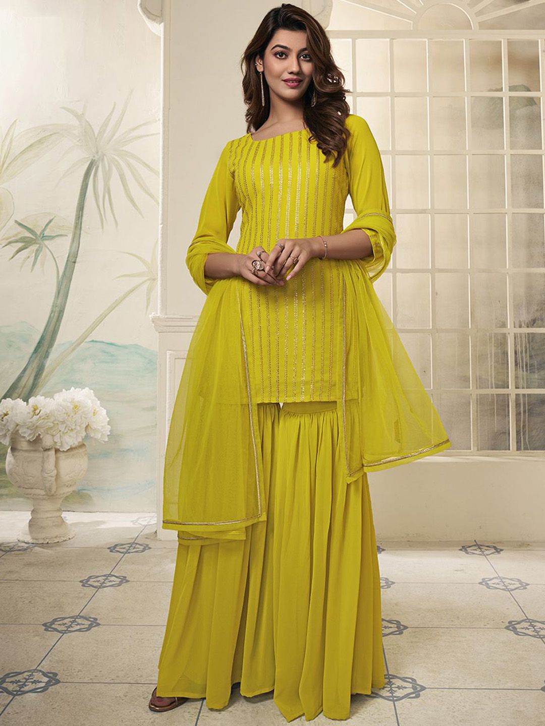 Dhiyona IN Striped Embroidered Straight Short Kurti With Sharara & Dupatta