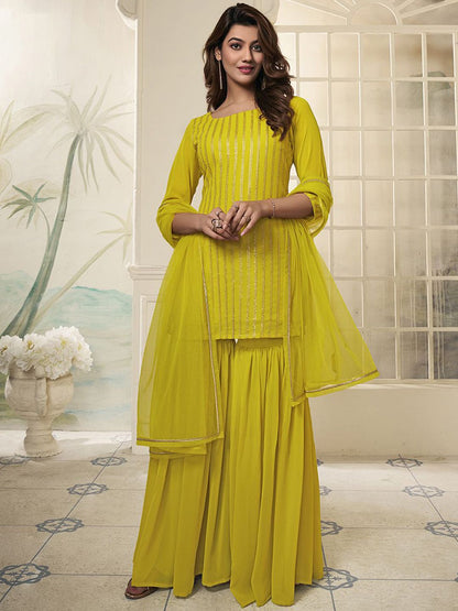 Dhiyona IN Striped Embroidered Straight Short Kurti With Sharara & Dupatta