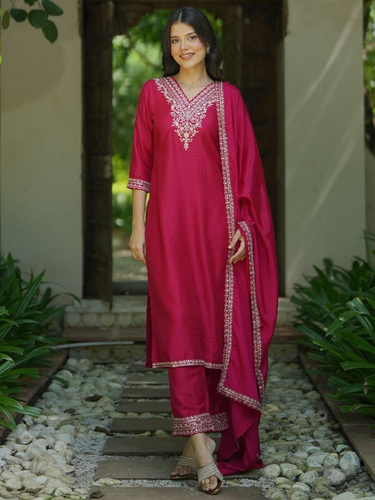 Women Floral Yoke Design Regular Kurta with Trousers & With Dupatta