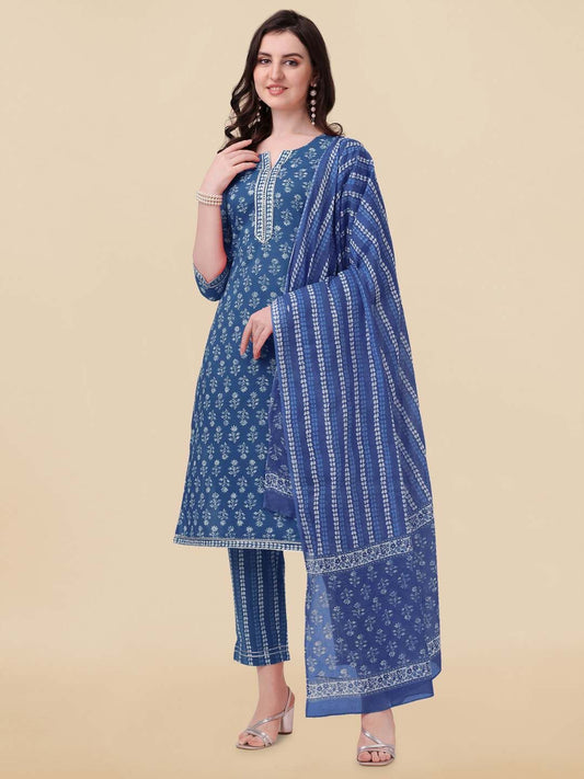 Dhiyona KL Women Floral Printed Pure Cotton Kurta with Trousers & With Dupatta