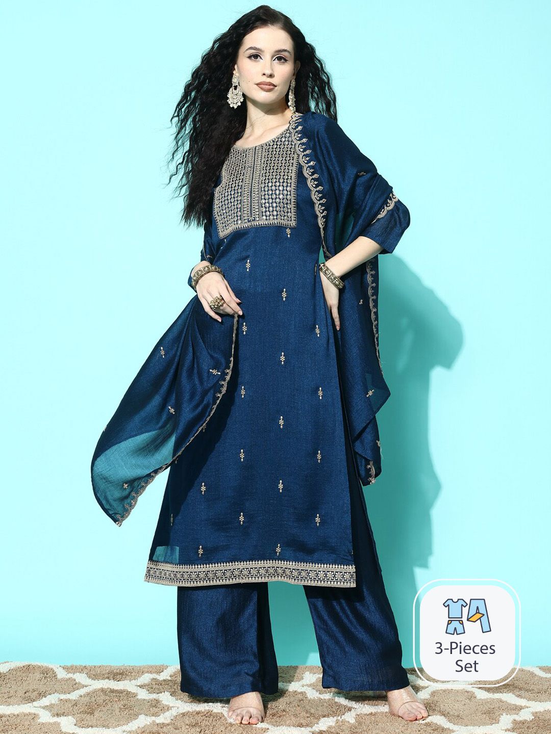 Dhiyona SN Geometric Embroidered Yoke Sequined Straight Kurta & Palazzo With Dupatta
