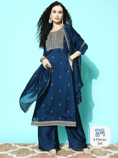Dhiyona SN Geometric Embroidered Yoke Sequined Straight Kurta & Palazzo With Dupatta