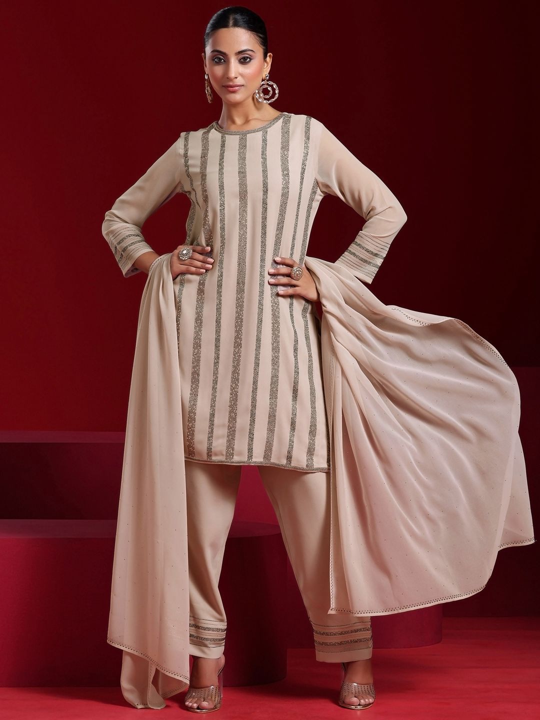 Dhiyona LL Striped Regular Beads and Stones Kurta with Palazzos & With Dupatta