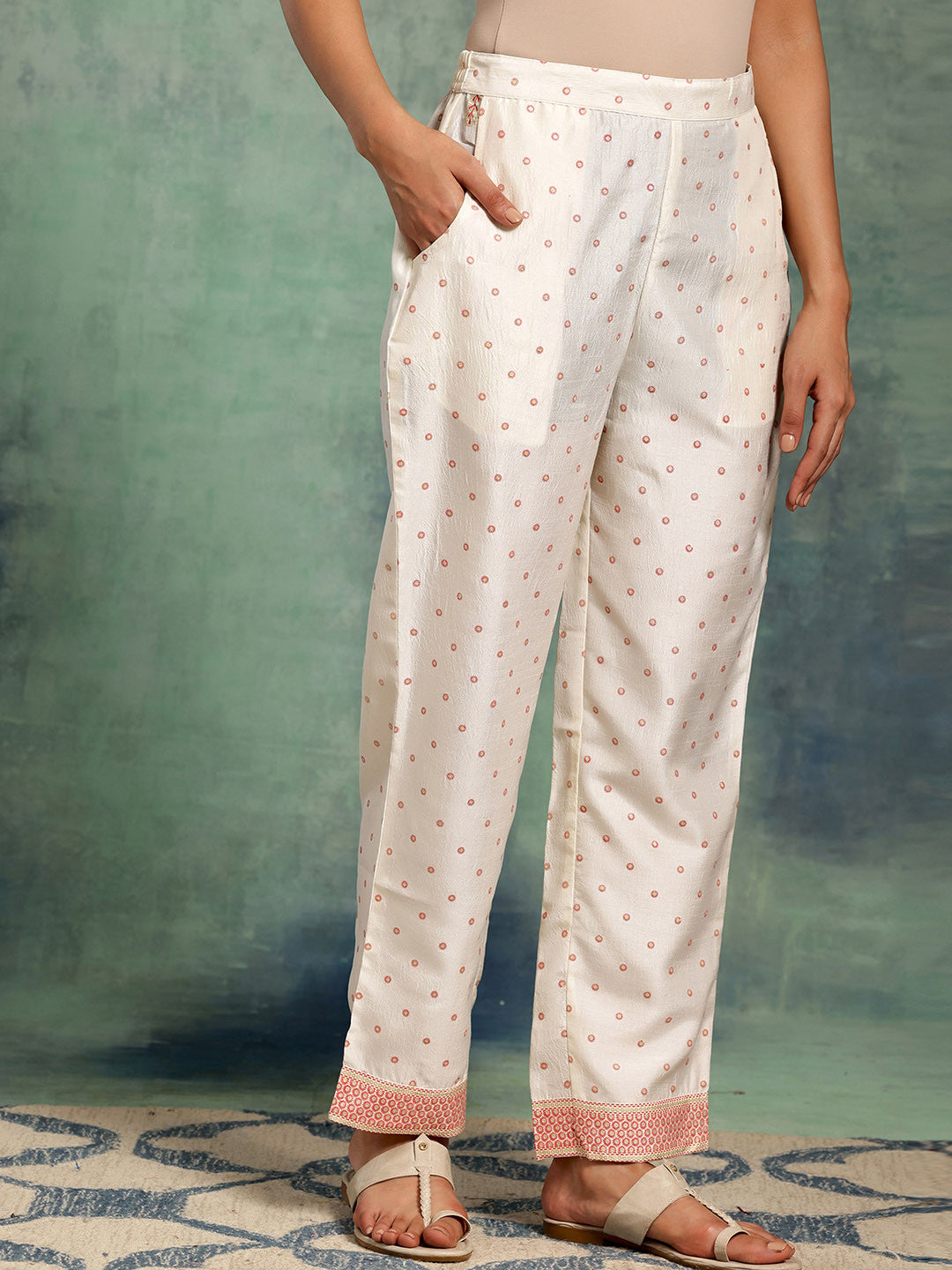 White Floral Printed Thread Work Straight Kurta With Palazzos & Dupatta