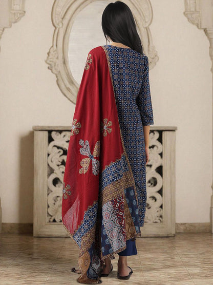 Dhiyona IS Women's Printed Applique Embroidered Pure Cotton Straight Kurta with Trouser & Dupatta