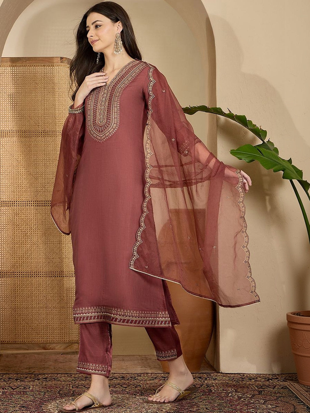 Embroidered V-Neck Kurta & Trousers With Dupatta