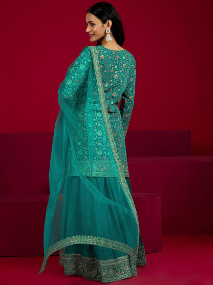 Dhiyona LL Floral Embroidered Round Neck Sequinned Straight Kurta With Palazzos & Dupatta