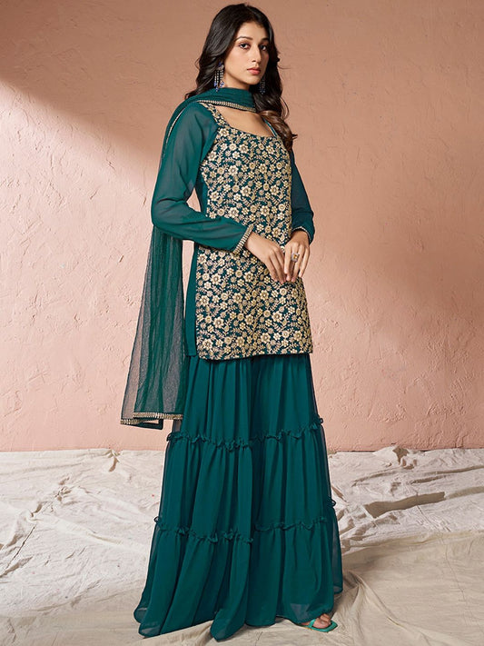 Dhiyona IN Teal Floral Embroidered Sequinned Georgette Kurta With Sharara & Dupatta