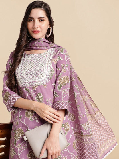 Dhiyona KL Purple Floral Printed Thread Work Pure Cotton Kurta with Trousers & Dupatta
